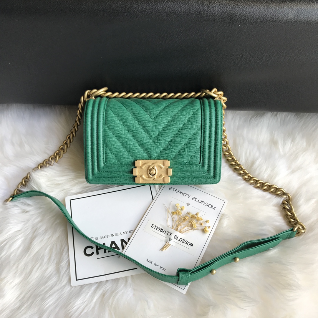 Caviar Small Boy Handbag Flap Bag A67085 Green/Gold